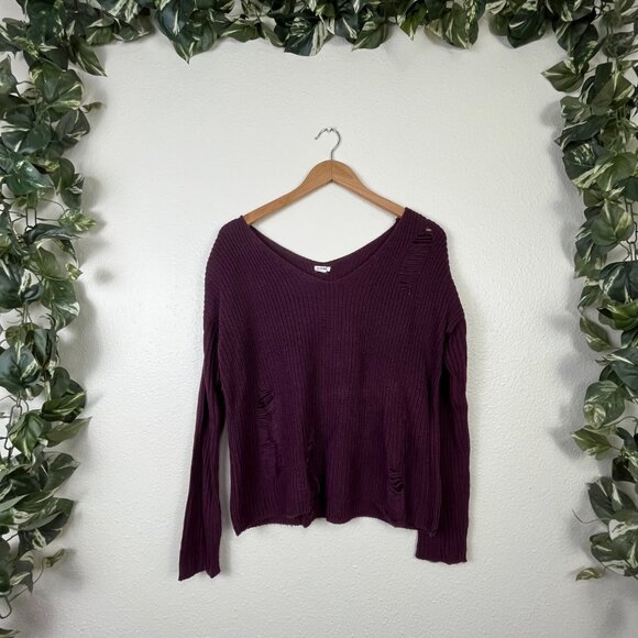 Garage Scoop Neck Knit Distressed Sweater Purple Women’s Size S - Picture 1 of 6